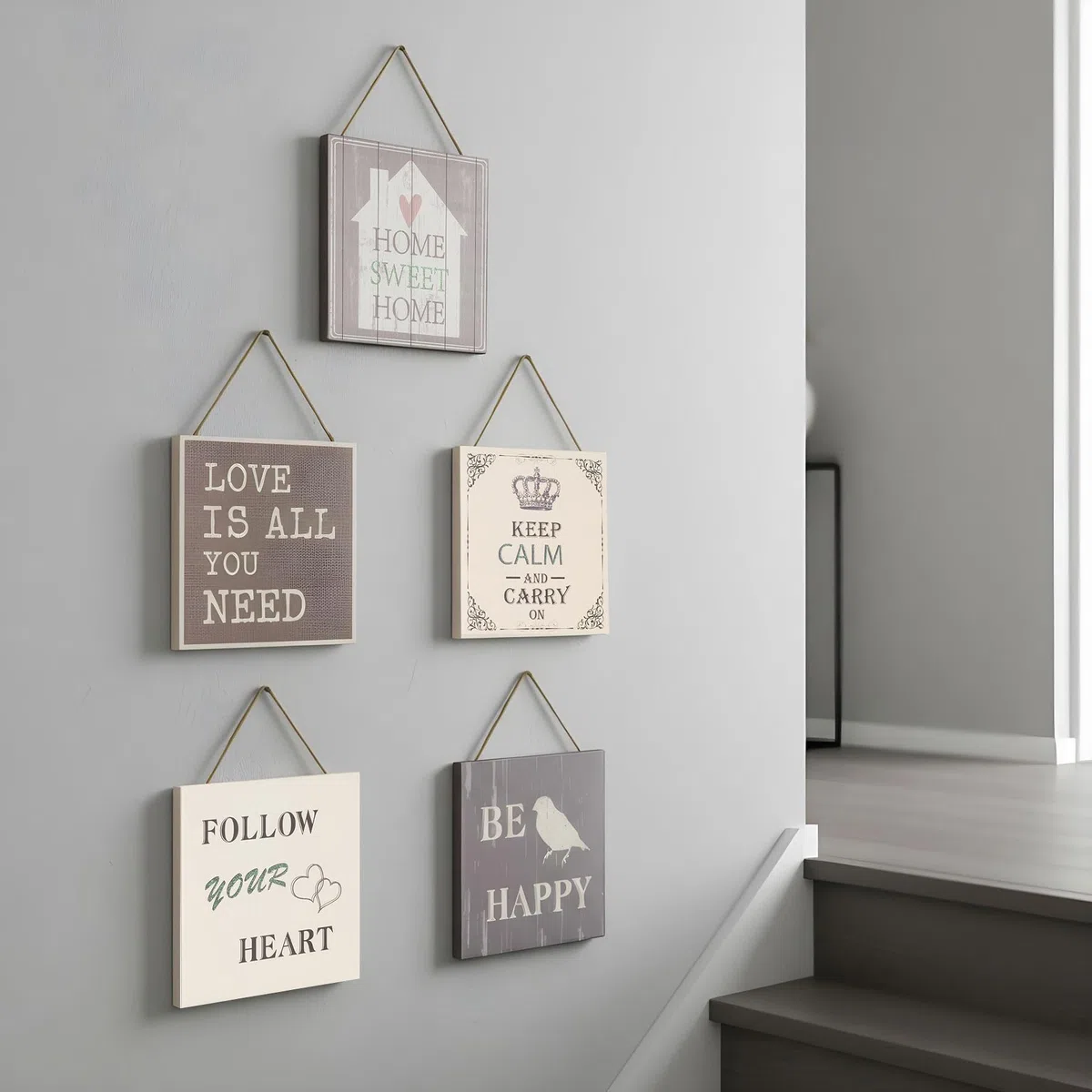 levandeo 5er Set Wandbilder 20x20cm Motivationsbilder Shabby Chic Vintage Home Deko Sprüche Wanddeko Kordel Glitzer