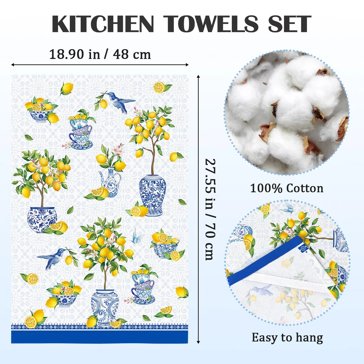 Zitrone Geschirrtücher 2er, Blau Sommer Küchentücher 100% Baumwolle Dekorative Trockentücher Saugstarke Geschenk für Urlaub Einweihungsfeier Dekoration 48 cm x 70 cm