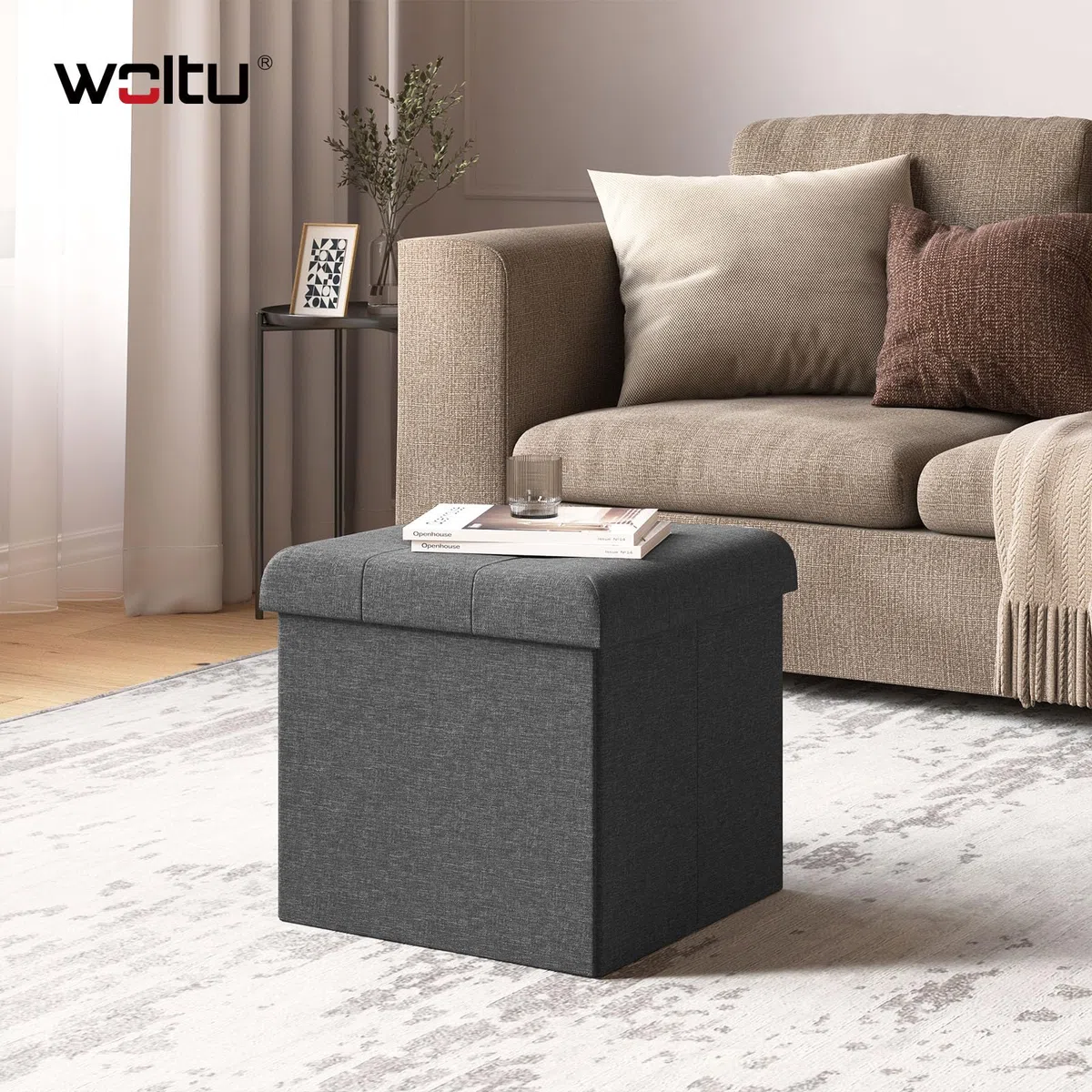 WOLTU® Sitzhocker mit Stauraum Sitzwürfel Sitzbank faltbar Truhen Aufbewahrungsbox, Deckel abnehmbar, Gepolsterte Sitzfläche aus Leinen, 38x38x38CM(LxBxH), Dunkelgrau