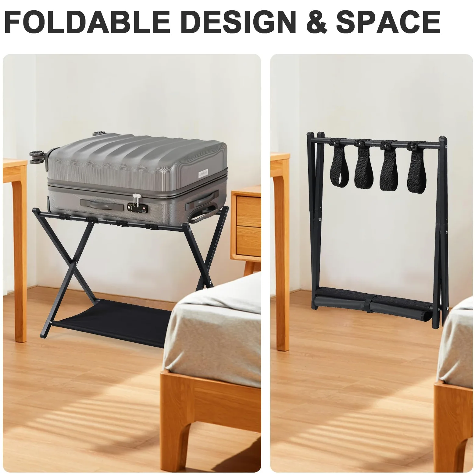 Möbel Kofferständer Luggage Kofferablage Kofferbock - 2 Pièce, Kofferständer Klappbar aus Bambus für Hotel Schlafzimmer, Gästezimmer, Metall verchromt, klappbar
