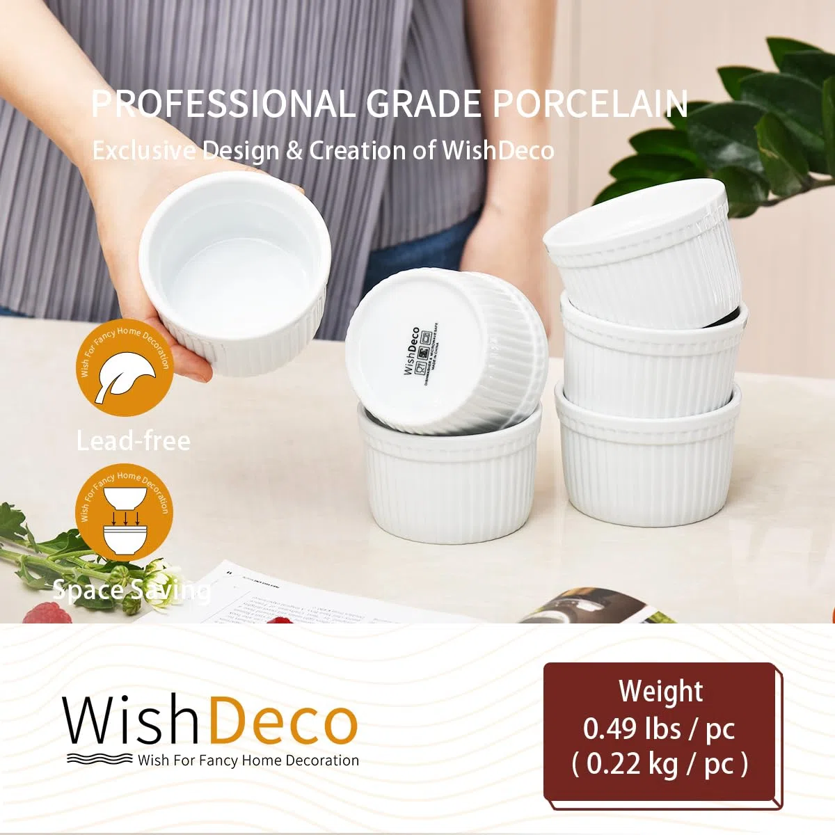 WishDeco Creme Brulee Schälchen 6er Set, Souffle Förmchen Porzellan 200ml, Kleine Dessertschalen, Dipschalen Weiß, Auflaufform Keramik für Muffins, Pasteis