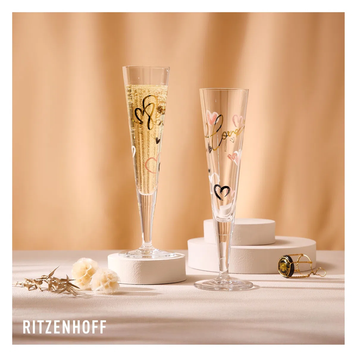 RITZENHOFF 6031004 Champagnerglas 200 ml - Serie Goldnacht Duett 2023, 2x Designerstück mit Echt-Gold - Made in Germany