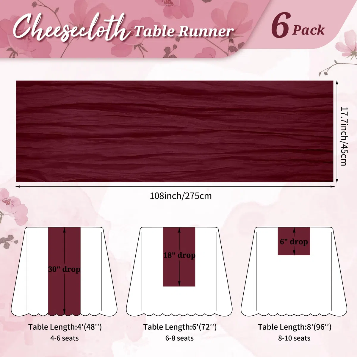6 Stück Burgund Käsetuch Tischläufer 45 x 275 cm rustikaler Gaze Stoff Tischläufer Romantisch Hochzeits Seihtuch Tischläufer für Hochzeiten, Festivals, Jubiläum, Abendessen, Outdoor -Partys