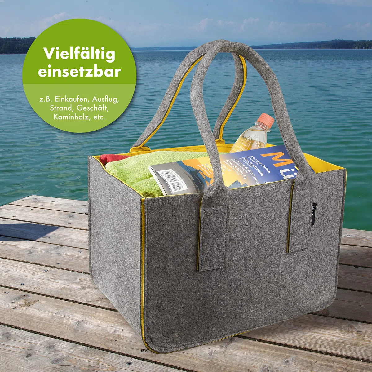 Filztasche - praktische Einkaufstasche - modische Shopping Bag - Einkaufskorb aus Filz - faltbare Tragetasche - grau/gelb