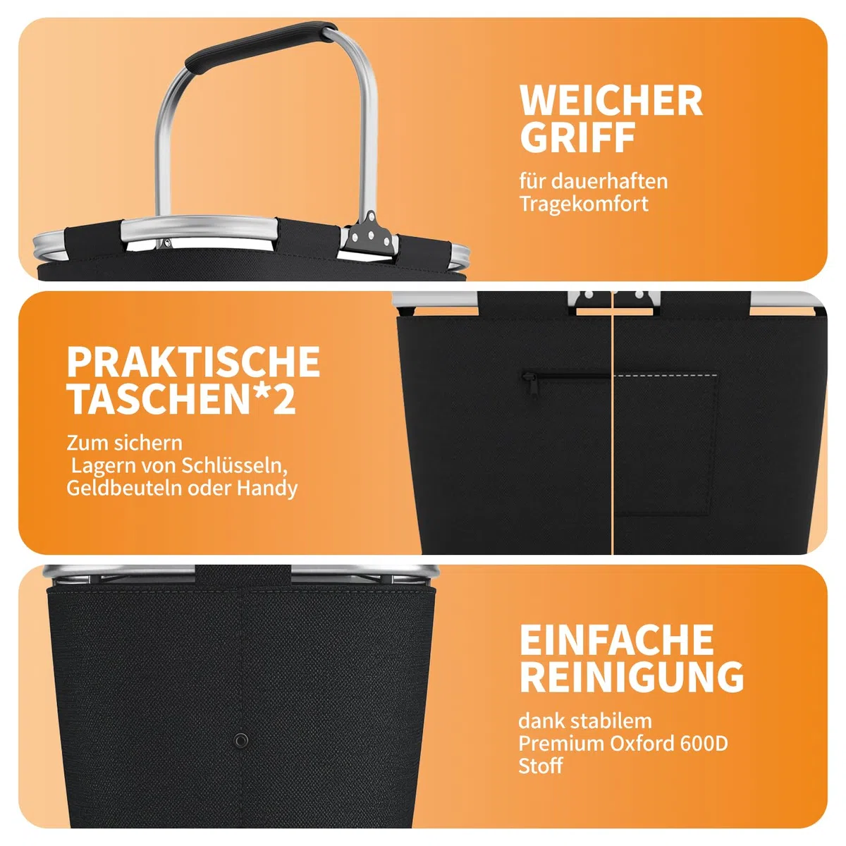 35L Einkaufskorb Faltbar mit 2 Stützstangen, Stabiler Einkaufstasche Familie mit Aluminium Griff wasserabweisendes Praktischer Tragekorb Groß für Reisen