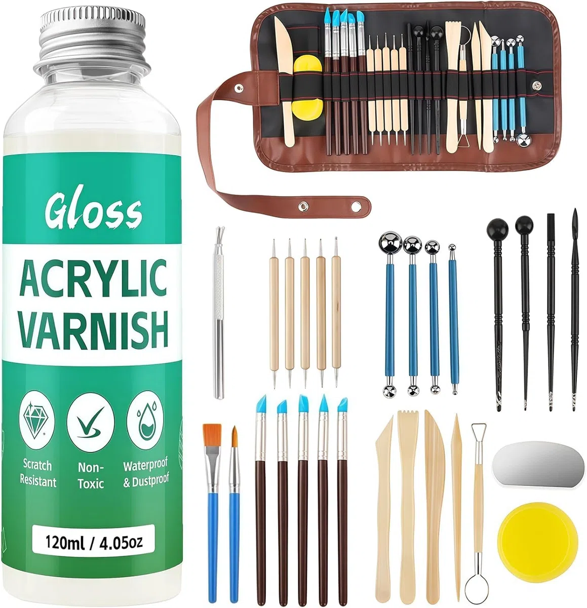 120ml Air Dry Clay Glaze - 30Pcs Tonglasur mit lufttrocknendem Ton Werkzeug Set, Modellierwerkzeug Werkzeug mit Aufbewahrungstasche, Perfektes Töpfer Zubehör für Künstler und Anfänger