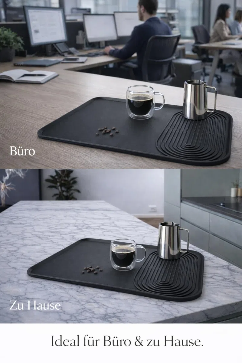 Kaffeematte aus Silikon für Kaffeemaschine, 60x40 cm, rutschfeste Unterlage mit Rand, Wasserdicht & BPA-frei, Abtropfmatte für Küchenarbeitsplatte, Schutzmatte, Schwarz