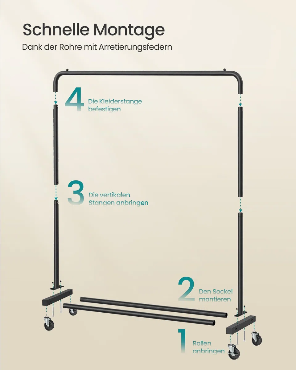 SONGMICS Kleiderständer, Kleiderstange auf Rollen, Garderobenständer, 2 Rollen mit Bremse, Schlafzimmer, bis 50 kg belastbar, 38 x 110 x 141,5 cm, tintenschwarz HSR016BH01