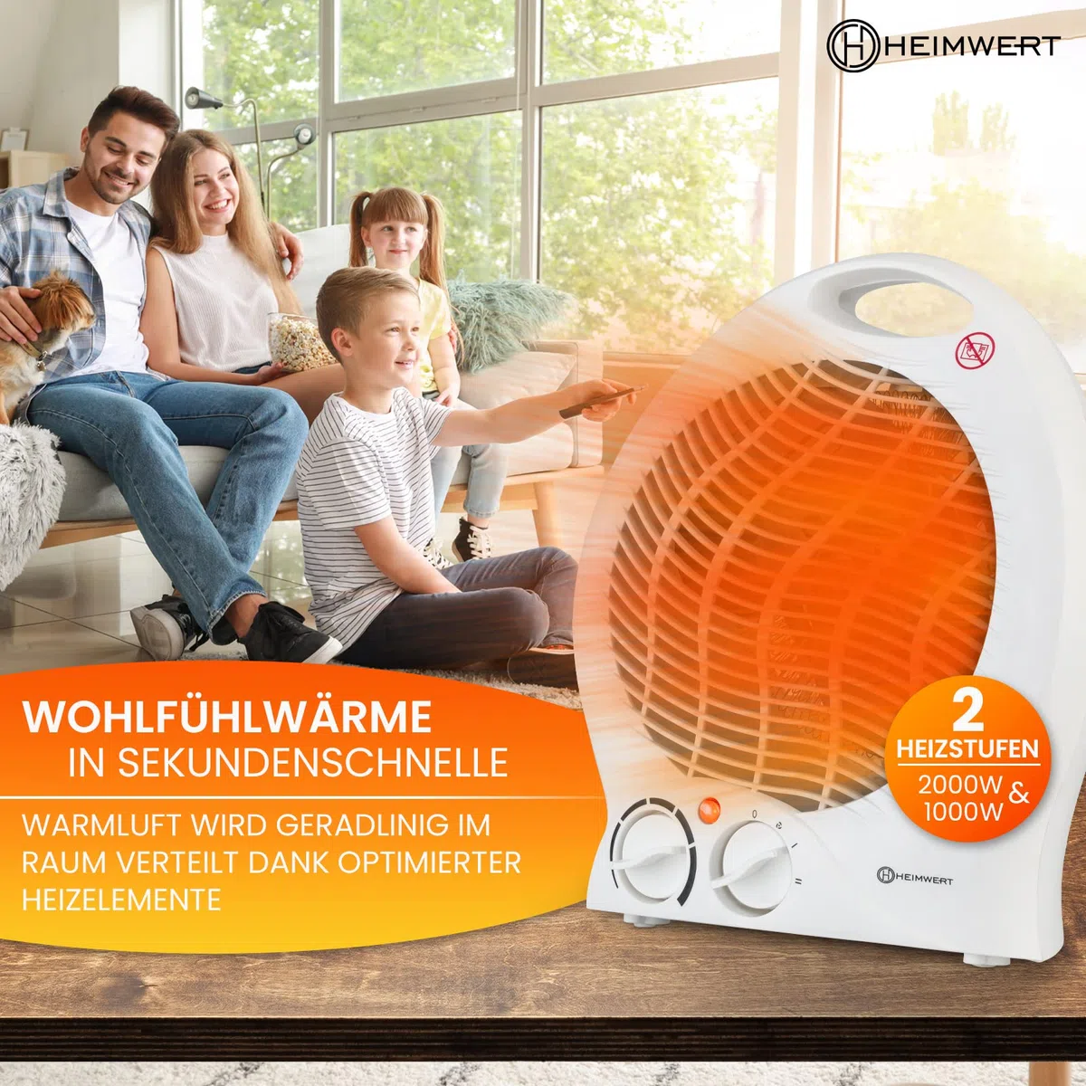 HEIMWERT Heizlüfter energiesparend 2000 Watt - Schnellheizer mit ENERGIESPARSTUFE und Tragegriff - Elektroheizung mit Thermostat und 2 Strom Heizstufen I 2in1 Kühlfunktion I 22x29x13 cm (weiß)