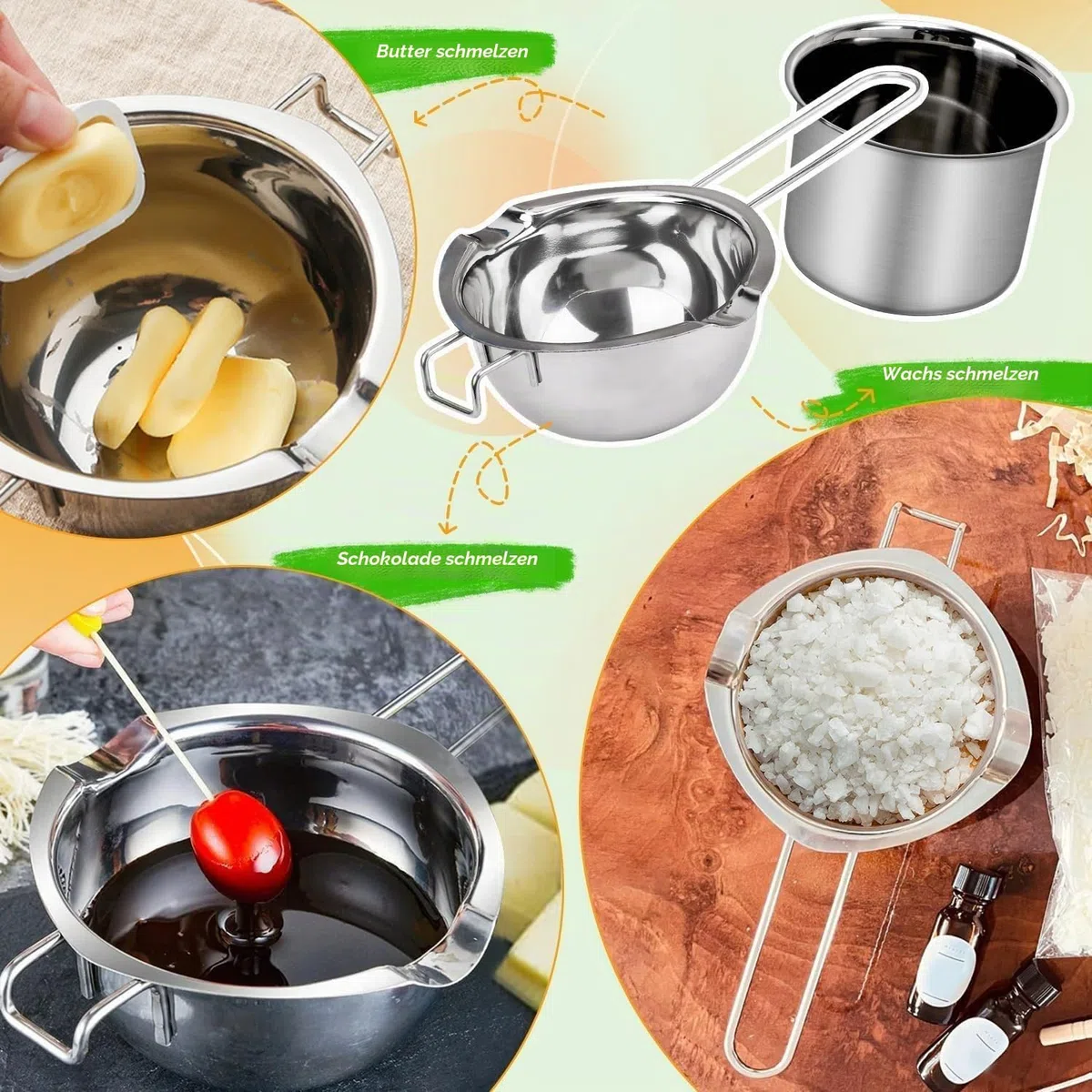 Wasserbad-Topf 3-teiliges Edelstahl Schmelztopf Set für Kerzenherstellung, mit Ausgießkanne zum Schmelzen von Sojawachs, Bienenwachs - Ideal für DIY Kerzen, Seife & Schokolade
