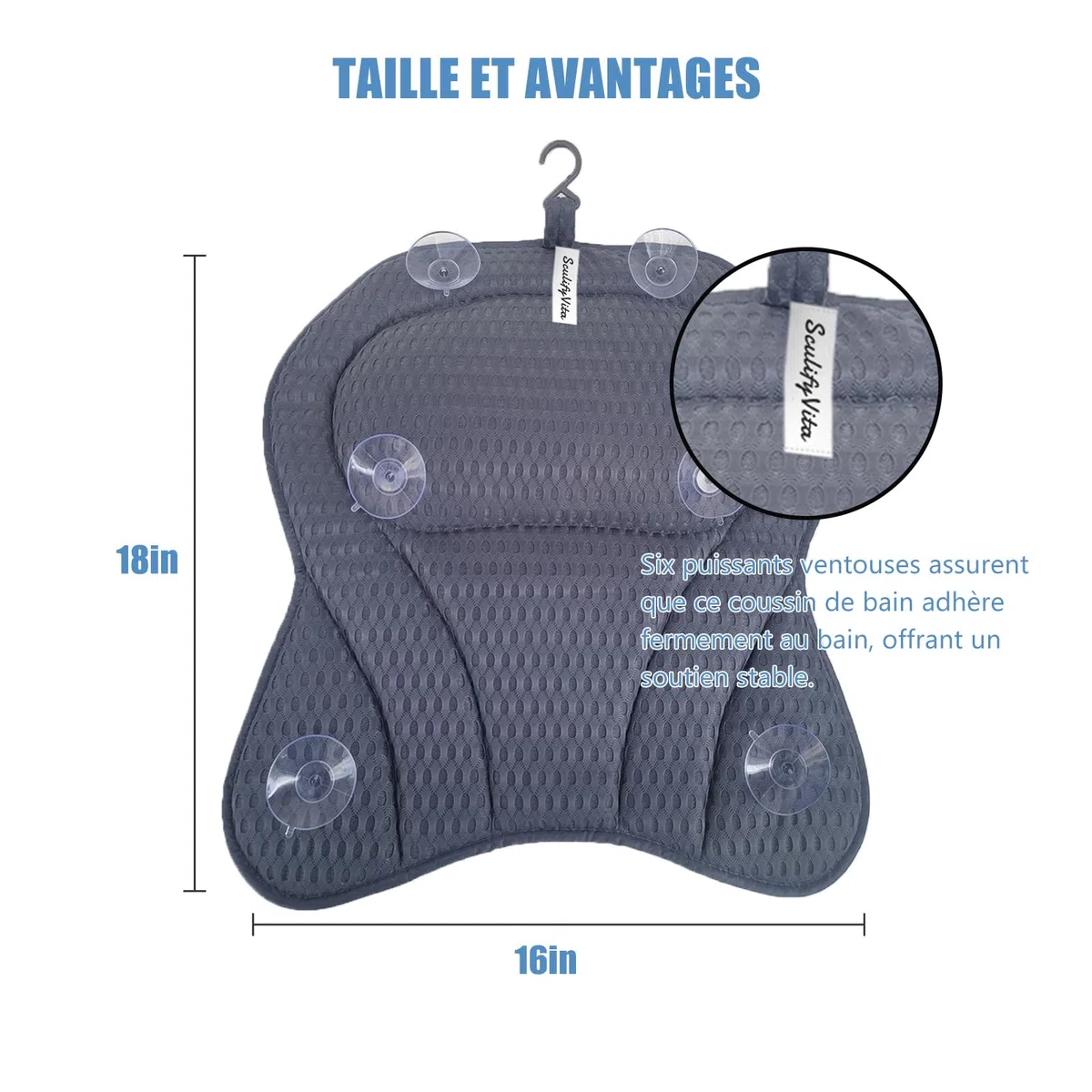 Badewannenkissen mit 6 Saugnäpfen & Haken - Ergonomisches Nackenkissen mit Memory-Schaum & 4D Air Mesh, Schnelltrocknend, Für alle Badewannen (Grau)
