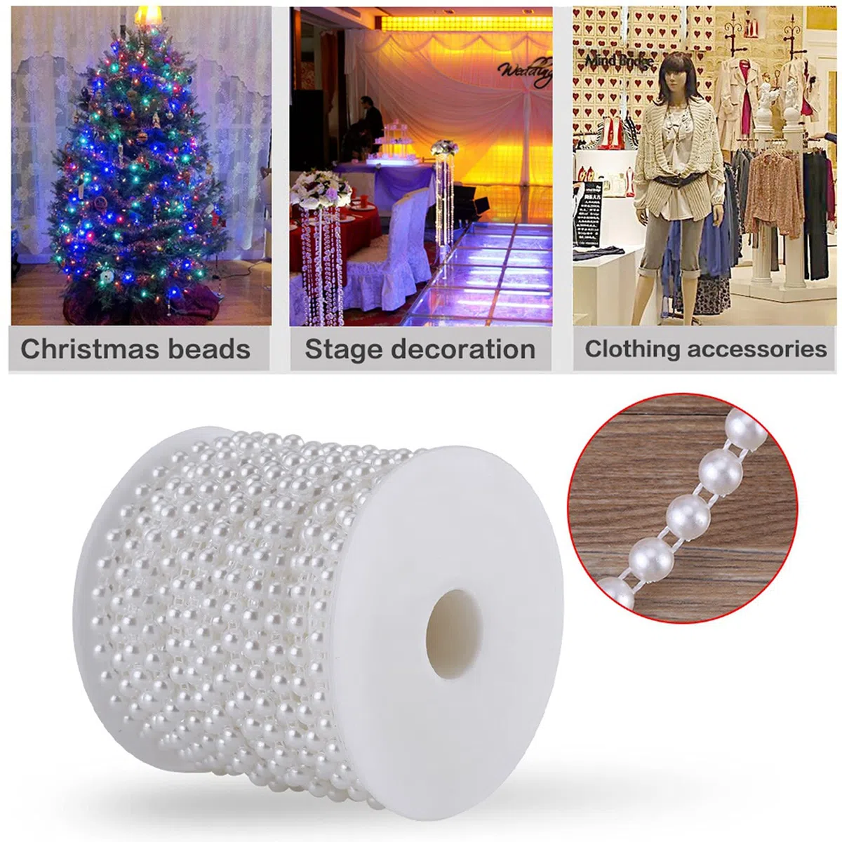 Dekorative Perlen, 25 m/Rolle Doppelte Baumwolllinie Halbrunde Perlenband Perlenkette Perlengirlande Hochzeit Perlenschnur Weihnachtskette Weihnachten Advent auf Rolle Weiss