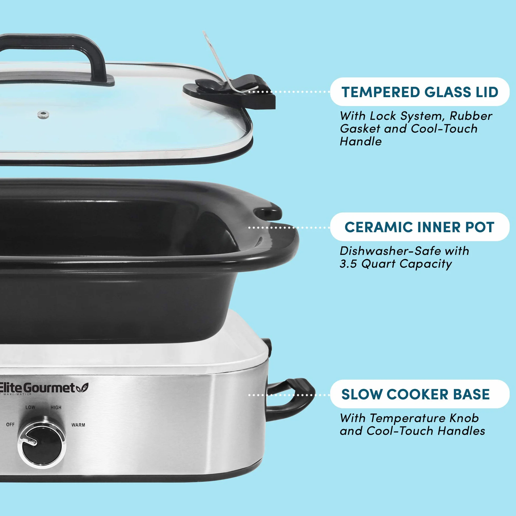 Elite Gourmet MST-5240SS Kasserolle-Schongarer, verschließbarer Deckel, einstellbare Temperatur, hält warm, ofen- und spülmaschinenfest, 3,3 l Fassungsvermögen, Edelstahl
