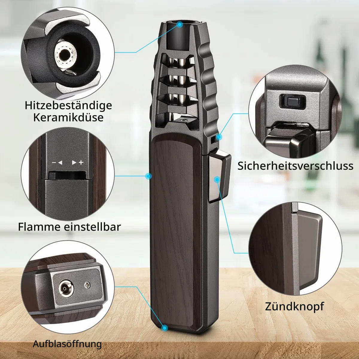 Butan-Feuerzeug, nachfüllbar, für die Küche, Kochfackel, winddicht, verstellbare Flamme, Solarstrahl, Backcreme, Brulee (Butangas nicht im Lieferumfang enthalten) (braun)