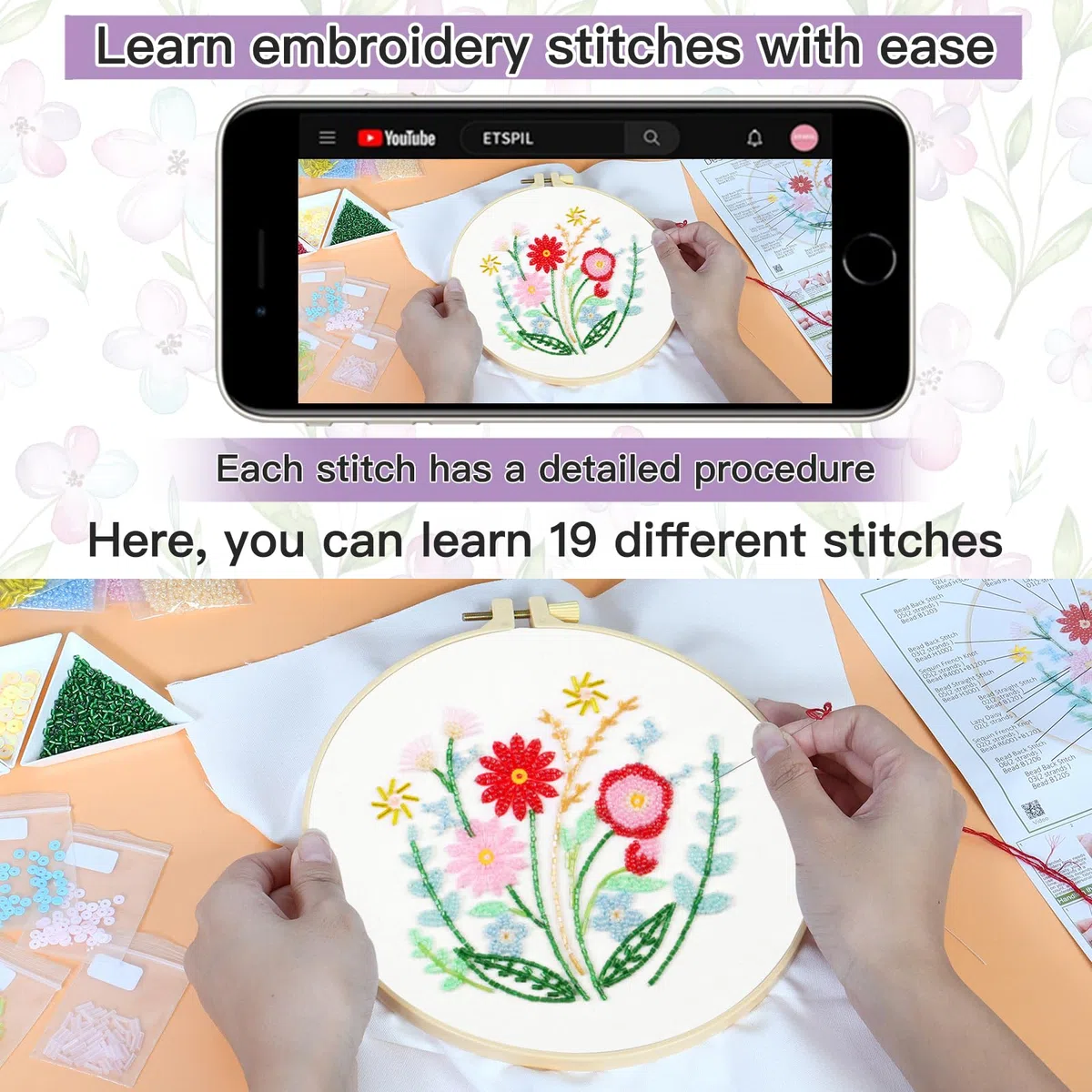 UXORSN Stickset für Anfänger 3 Sets Sticken Set Erwachsene Perlen Pflanzen Blumenmuster Stickerei Set Kreuzstich Kit mit Kunststoff Stickrahmen Anleitung und Werkzeuge DIY Kunst Weihnachten Handwerk