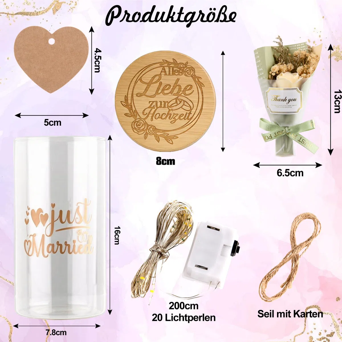 Hochzeitsgeschenke für Brautpaar, Alles Liebe zur Hochzeit, LED Flaschenlicht, Hochzeitsgeschenk Geld mit Trockenblumen, Anhänger und LED-Leuchten, Geldgeschenke Hochzeit Verpackung, Just Married