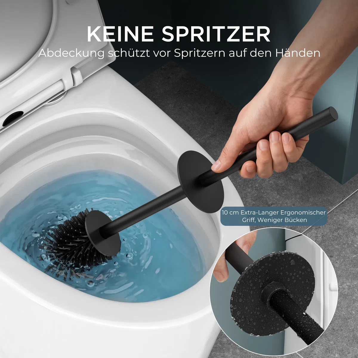 FORIOUS Silikon Toilettenbürste aus Edelstahl, 50 cm Extra Langer Griff, Anti-Spritz Design, Inkl. Ersatzkopf & Abnehmbarem Innenbecher – Saubere, Hygienische WC Bürste/Klobürste Schwarz für Bad
