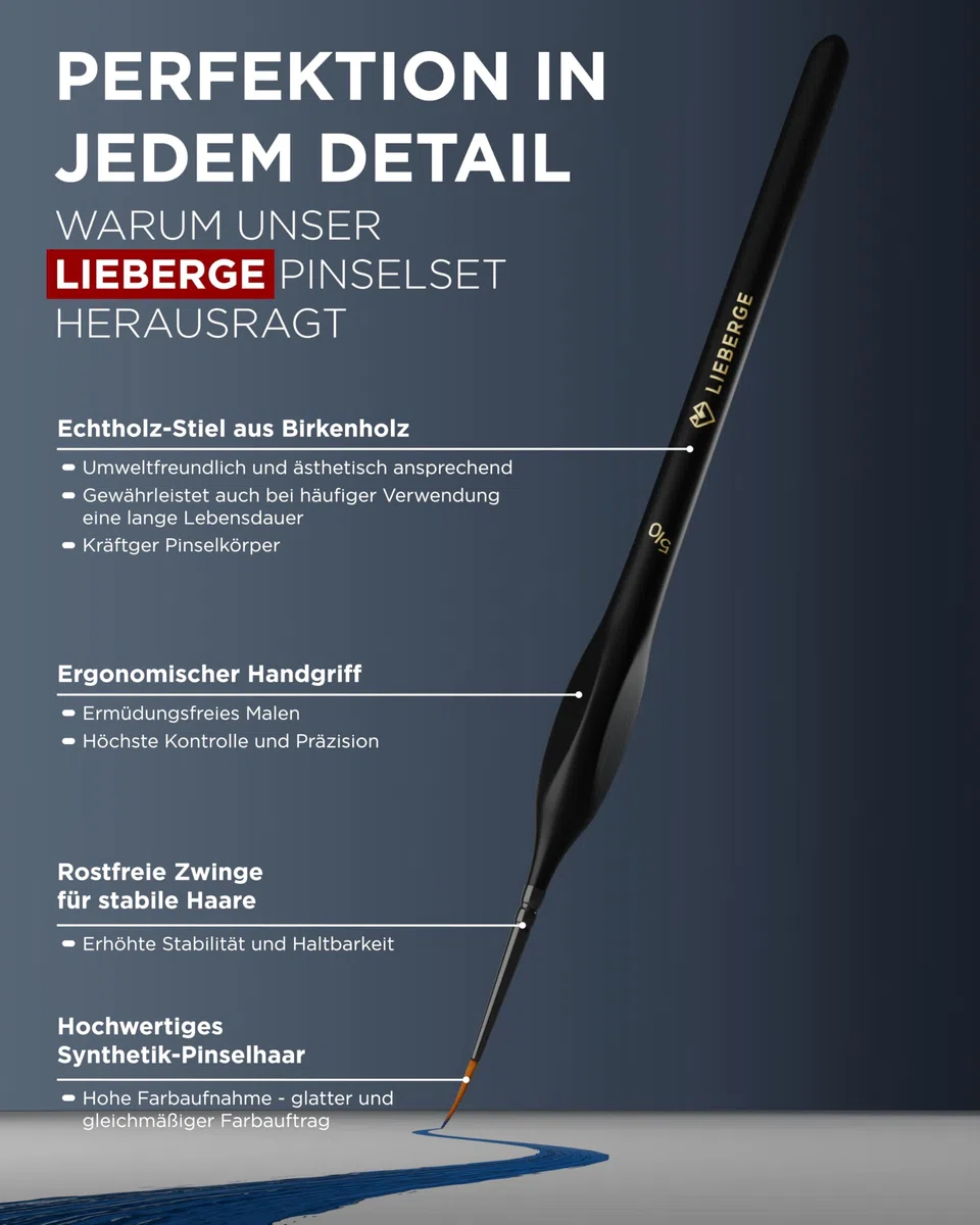 LIEBERGE Premium Detail Pinselset Acrylfarben – 10 extra feine Pinsel für höchste Präzision – Acryl Pinsel, Aquarellpinsel, Modellbau (10)