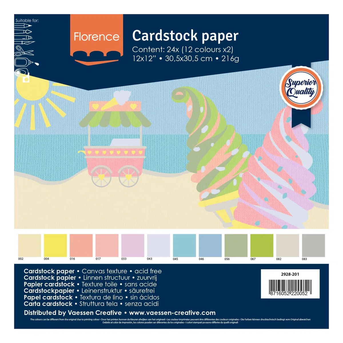 Vaessen Creative Florence Tonkarton Pastell - Bastelkarton 30,5 x 30,5 cm - Bastelpapier 24x mit 12 Farben - Scrapbook Papier für Karten Basteln, Stanzen und Papierbasteleien - Bastelset Textur