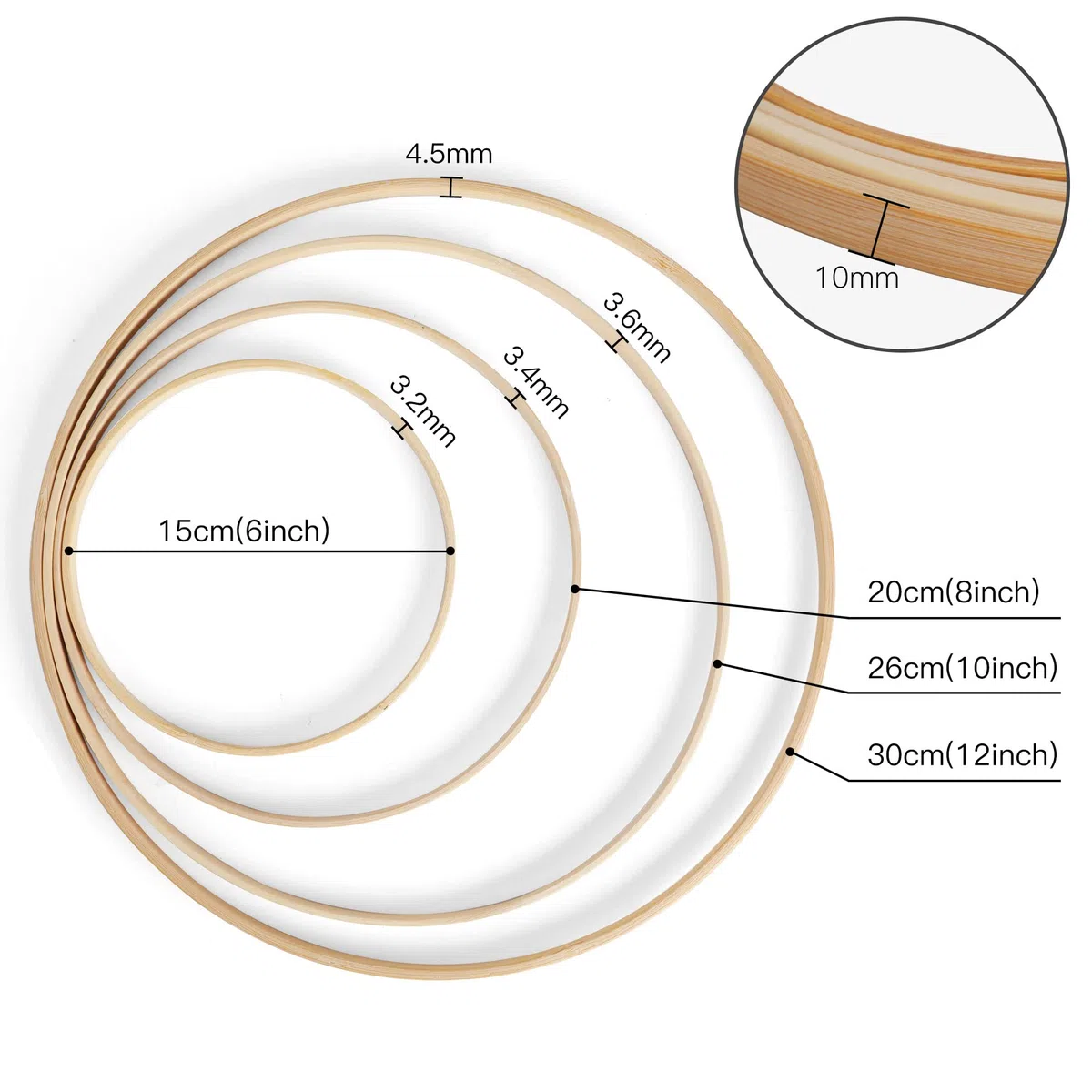SOSMAR 10 Stück 2 Größen Holzringe zum Basteln - 25cm & 30cm Bambus Holz Ringe Hoops Set für Makramee/Traumfänger/Blumenkranz Türkranz/Wandbehang Fensterdeko DIY Set