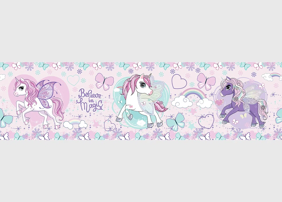 Selbstklebende Bordüre Einhorn AG Design, AWBD 8026 | Wasserfest Kinderzimmer Wand Aufkleber Dekoration | Wandbordüre für Mädchen und Junge | Folie, Mehrfarbig | Breite 500 cm x Höhe 13.8 cm