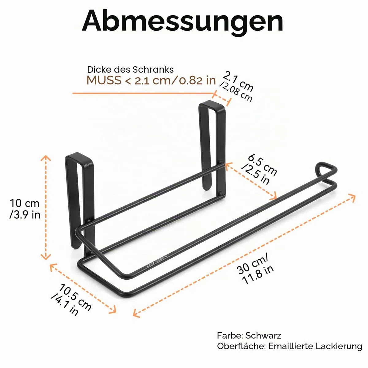 Papiertuchhalter in Schwarz – Hängender Edelstahl-Halter für Unterschrank oder über der Schranktür, geeignet für Schränke bis 21 mm Dicke, Bohrfrei, 1 Stück | Papierhandtuchhalter zum Aufhängen für Schränke unter 2,1 cm, Edelstahl 304, 1 Stück