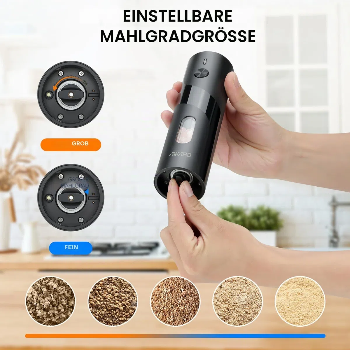 AIKARO - Elektrische Salz- und Pfeffermühle Automatische Gewürzmühle, Aufladbar