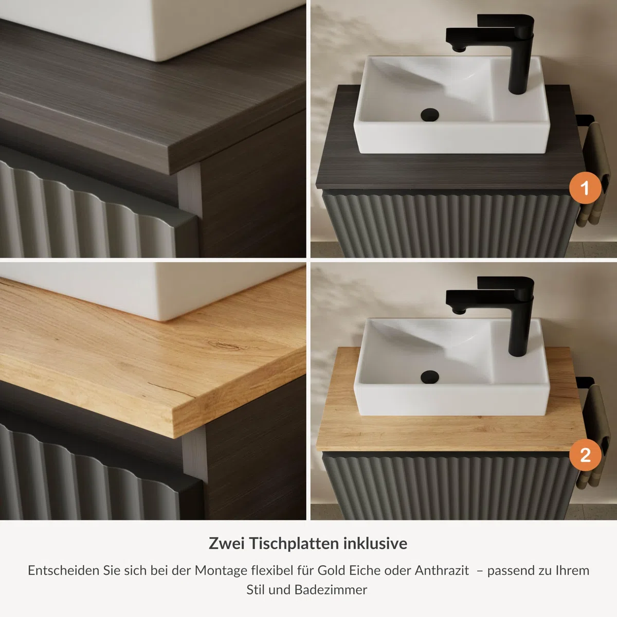 Planetmöbel Badmöbel Set Waschtisch mit Unterschrank 56 x 55 x 30 cm Anthrazit, mit Waschtischarmatur & Waschbecken Ablaufgarnitur schwarz für Badezimmer, Gäste WC & Bad