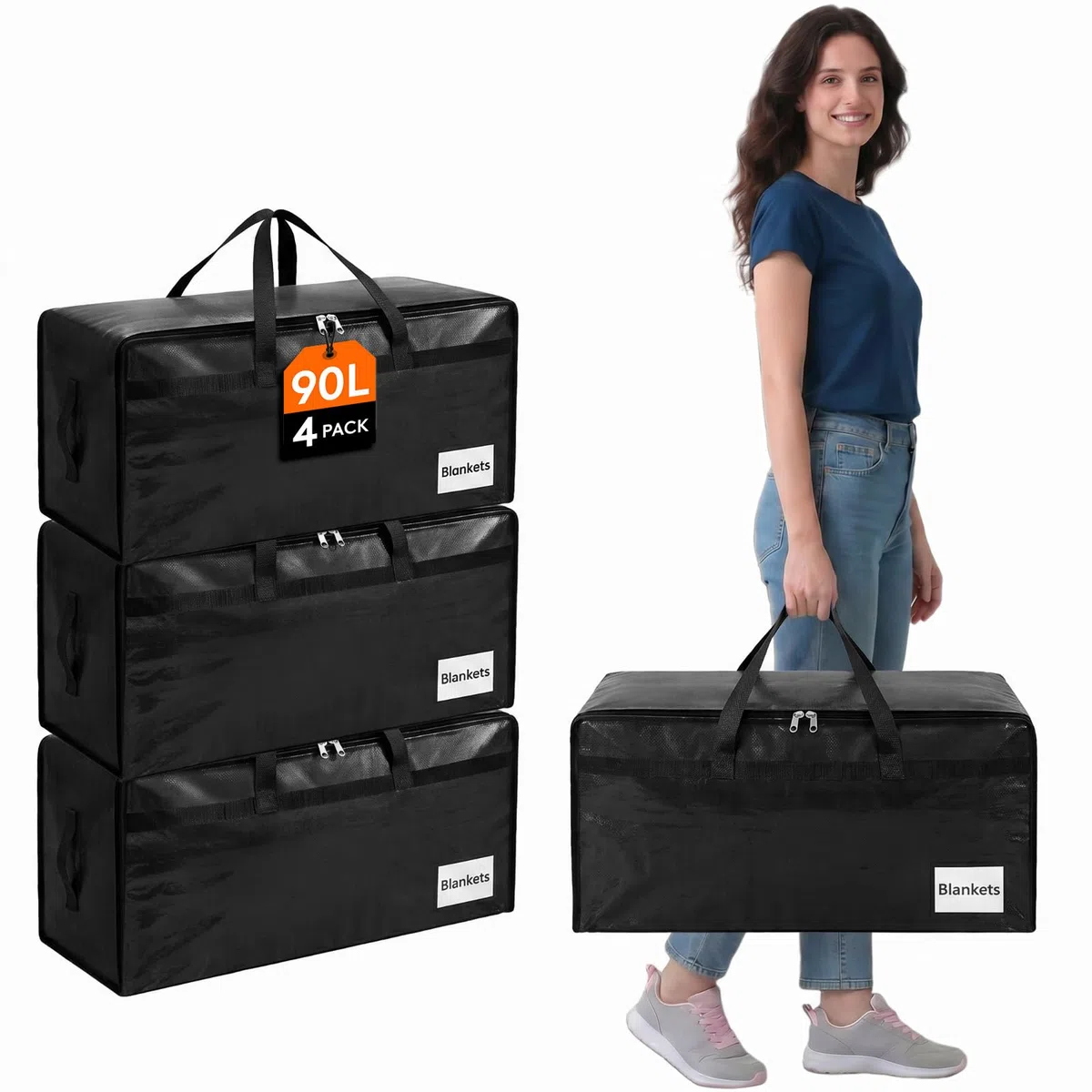 Lifewit 4 Stück 90L Umzugstaschen mit Griff, Aufbewahrungstasche für Bettdecken, Große Tasche mit Reißverschluss, Bettwäsche Aufbewahrung, Tasche Bettzeug, Transporttasche, Kleidertasche, Schwarz