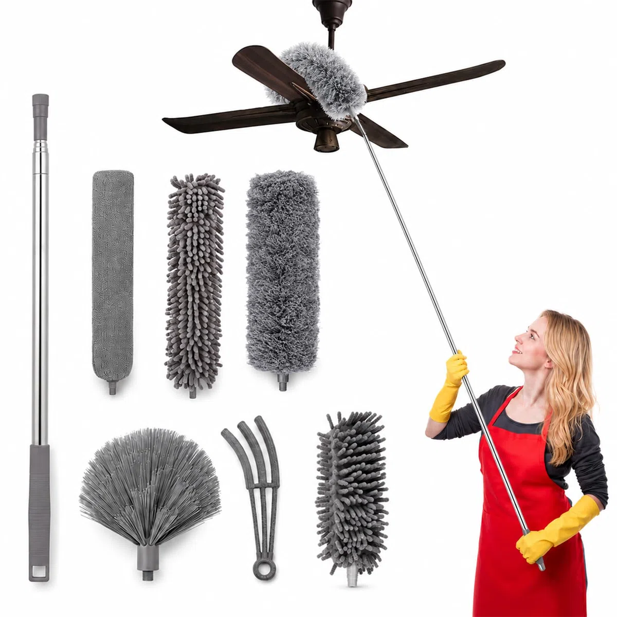 Staubwedel Teleskop 250 cm, 7-teiliges Waschbares Mikrofaser-Reinigungsset, Staubwischer lang ausziehbar, Spinnenwebenentferner für hohe Decken, Jalousien & Ecken