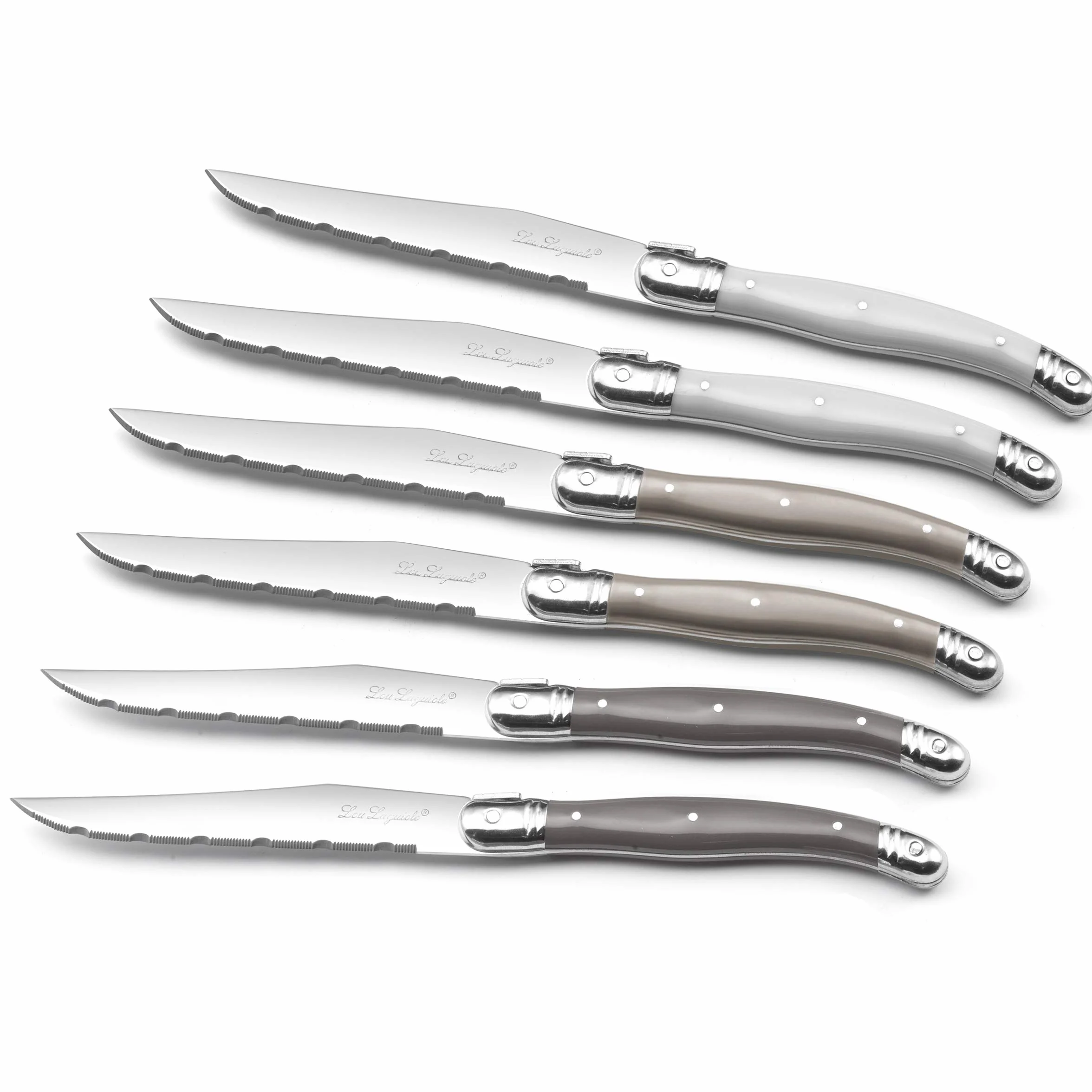 Lou Laguiole Steakmesser Set 6-teilig | 2511 Steakmesser mit Tradition und Stil | Griffe in Pfeffer, Perle & Taupe | Wellenschliff Messer