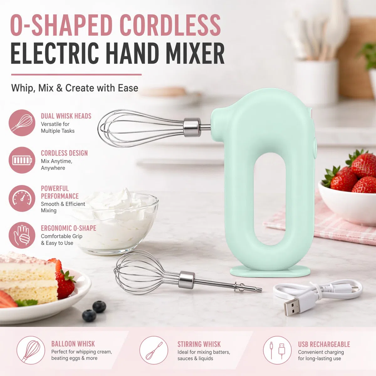Elektrischer Schneebesen, Kabelloser Hand Mixer, Edelstahl-Schwenkquirl, 4 einstellbaren Geschwindigkeitsstufen, Elektrischer Handmixer mit 2 Quirl-Aufsätzen, über USB aufladbar (Grün)