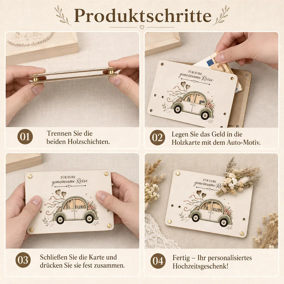 Geldgeschenk Hochzeit Holz, Hochzeitsgeschenk für Brautpaar mit Geschenkbox, Holzkarte, Hochzeitskarte & Trockenblumen, Geldgeschenke zur Hochzeit, Flitterwochen