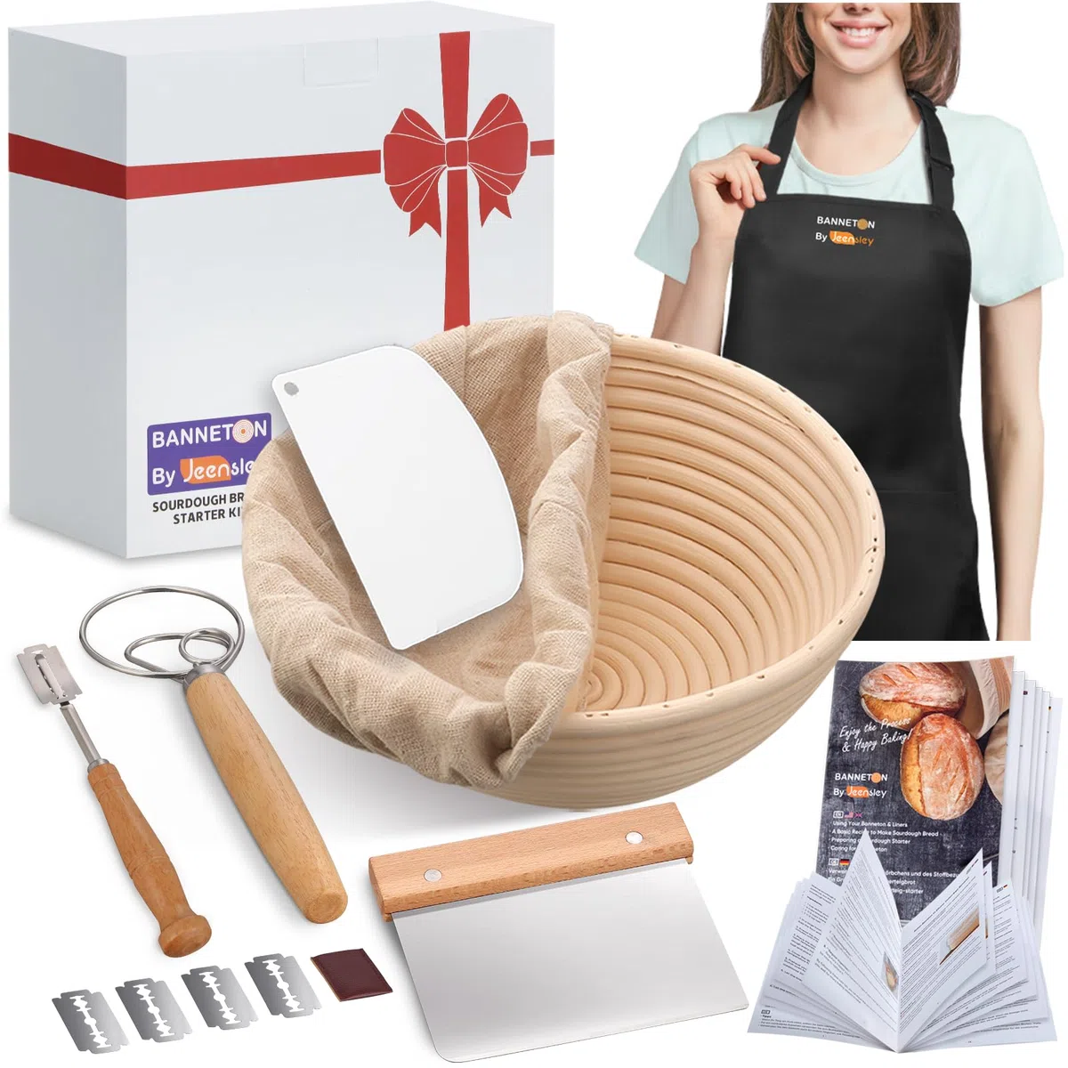 Gärkörbchen Sauerteig Brot Back Set mit Stoffauskleidung runder Gärkorb mit Schaber, Cutter, Liner und Zubehör, Handgefertigtes hochwertiges Rattan von Indonesien