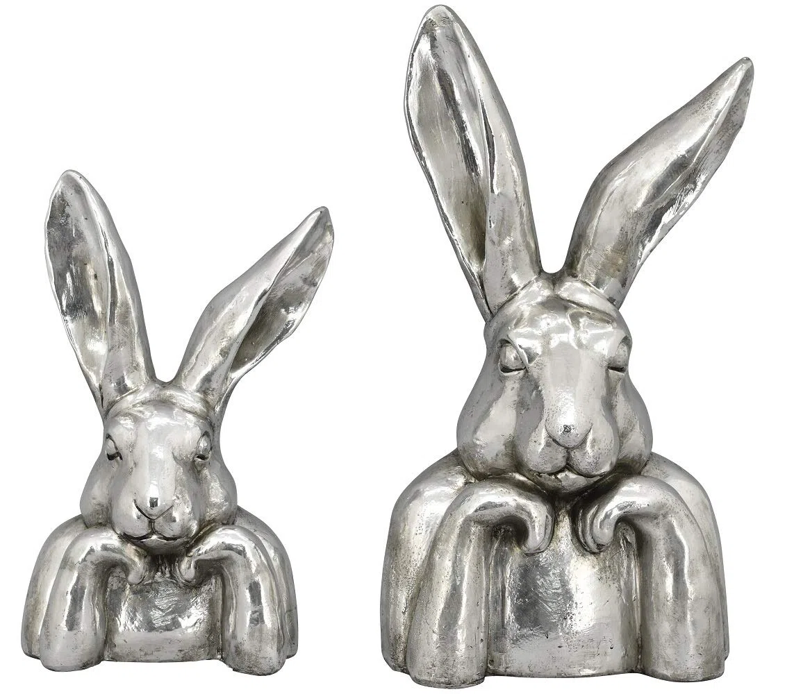 Exner putziger origineller Osterhase als Büste Hasenkopf als Osterdeko Keramik Silber antik glänzend (groß ca. 27,5 x 19,5 x 49 cm hoch)