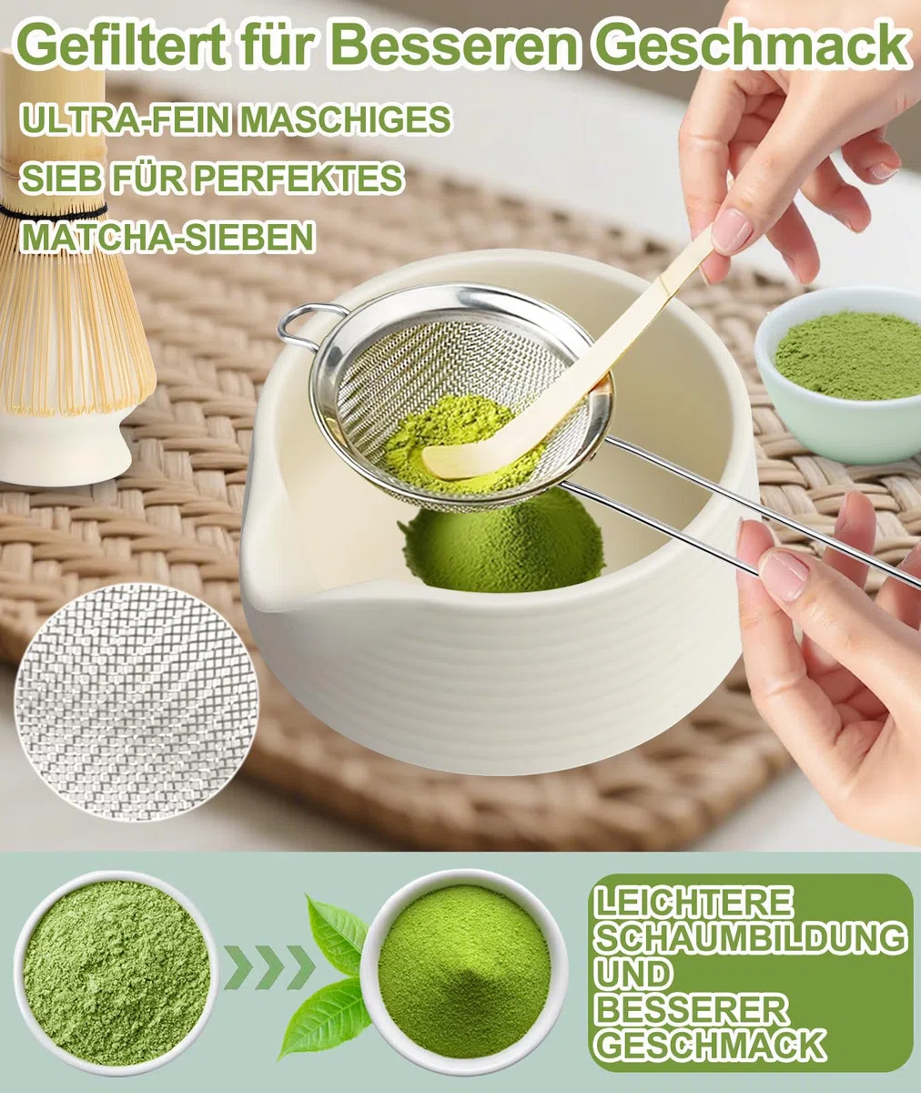 JBER Matcha Besen Set, Matcha Set 7-Teiliges - Bambus Matcha Whisk, Matcha Schale mit Auslauf, Matcha Besen Halter, Sieb, Löffel und Halter, Japanisches Matcha Zubehör für Matcha-Liebhaber, Beige Weiß