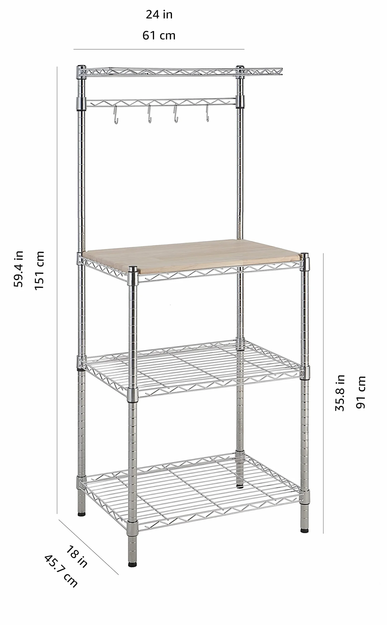 Amazon Basics 3 Küchenregal, Bäckergestell mit Holztisch, Chrom, Holz, 61 cm Chrome, Beige