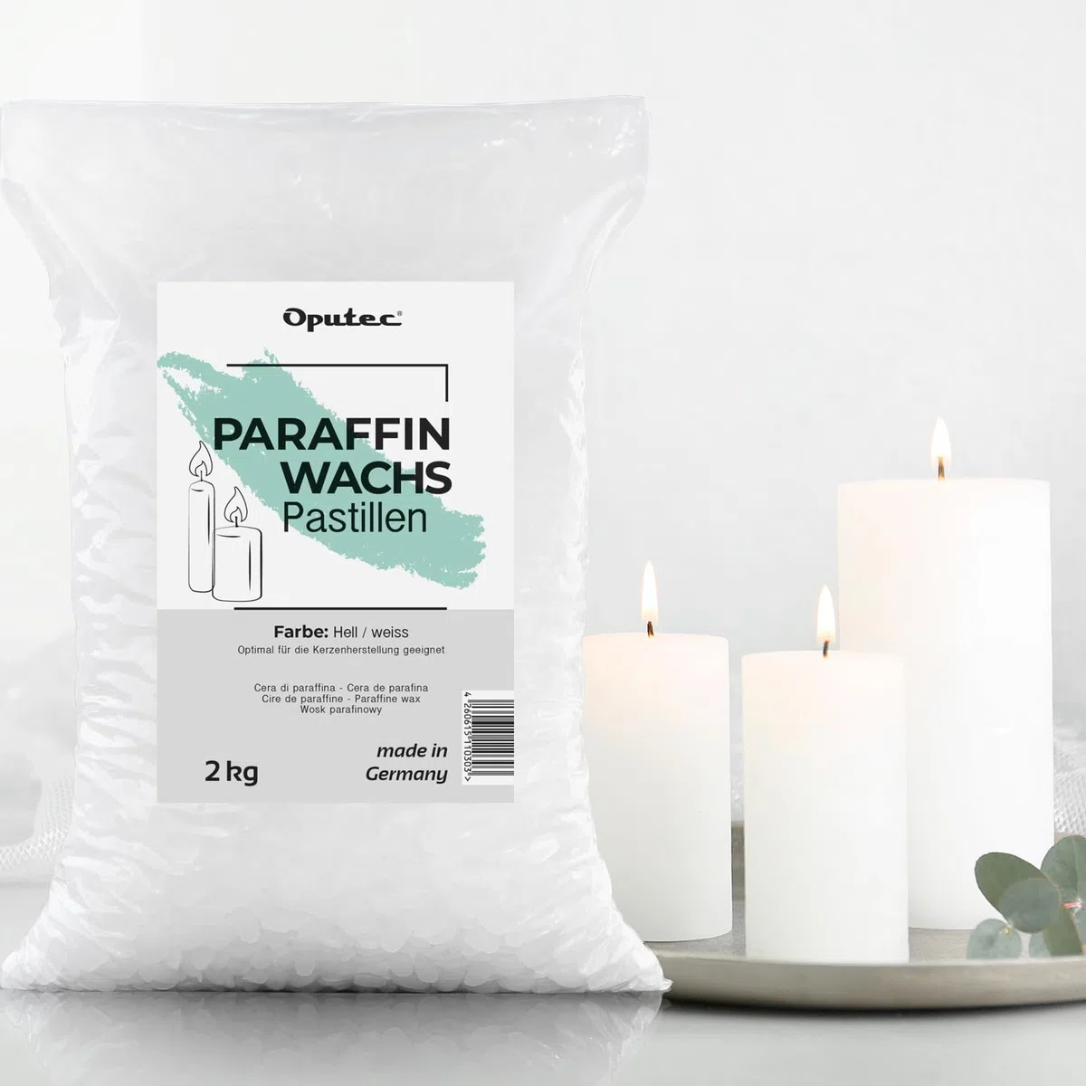Oputec 2KG Paraffinwachs Pastillen für Kerzen: Weißes Kerzenwachs - Kerzen selber Machen - Kerzenwachs zum Gießen - Eigene Kerzen herstellen und nachfüllen - Made in Germany
