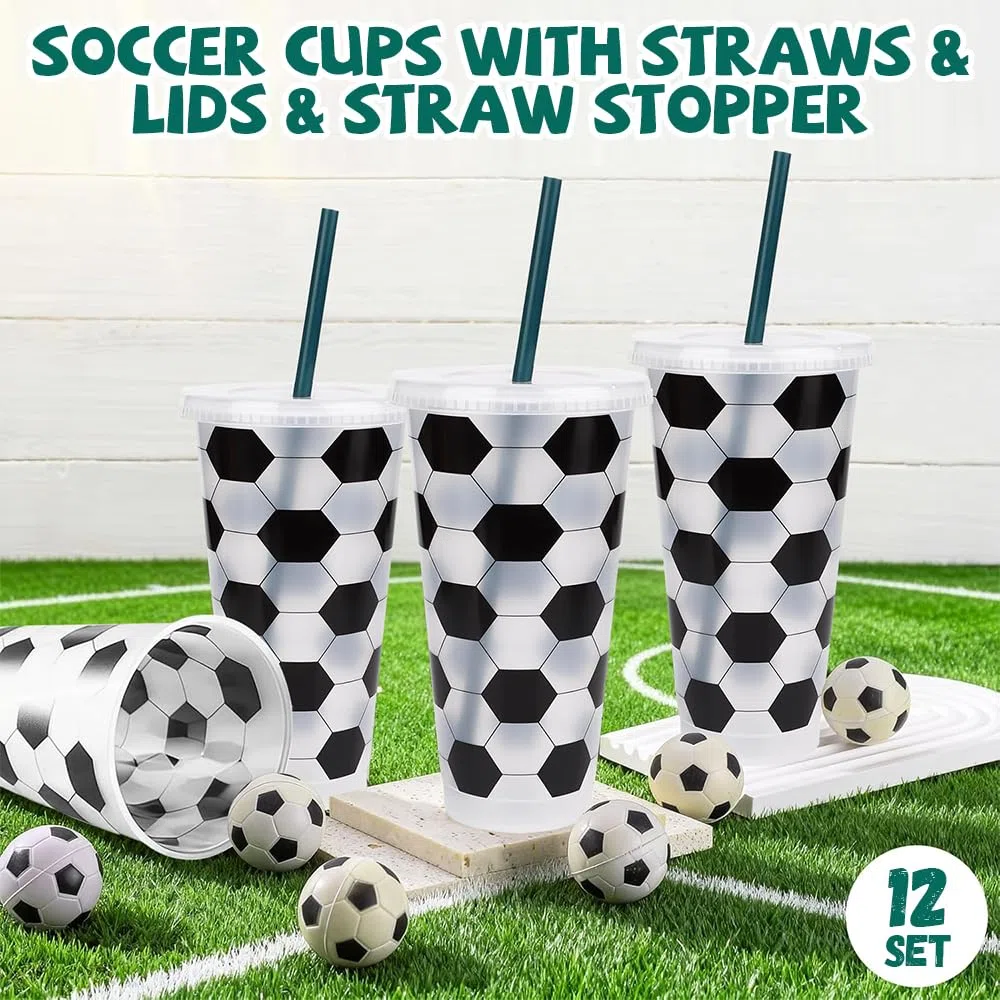 12er Set Fußball Becher 710ml/24oz mit Coperchio E Cannuccia, Bicchieri Da Calcio In Plastica, Wiederverwendbare Plastik Fussball Becher Tasse für Partys, Fans, Teamdekoration,BPA-frei