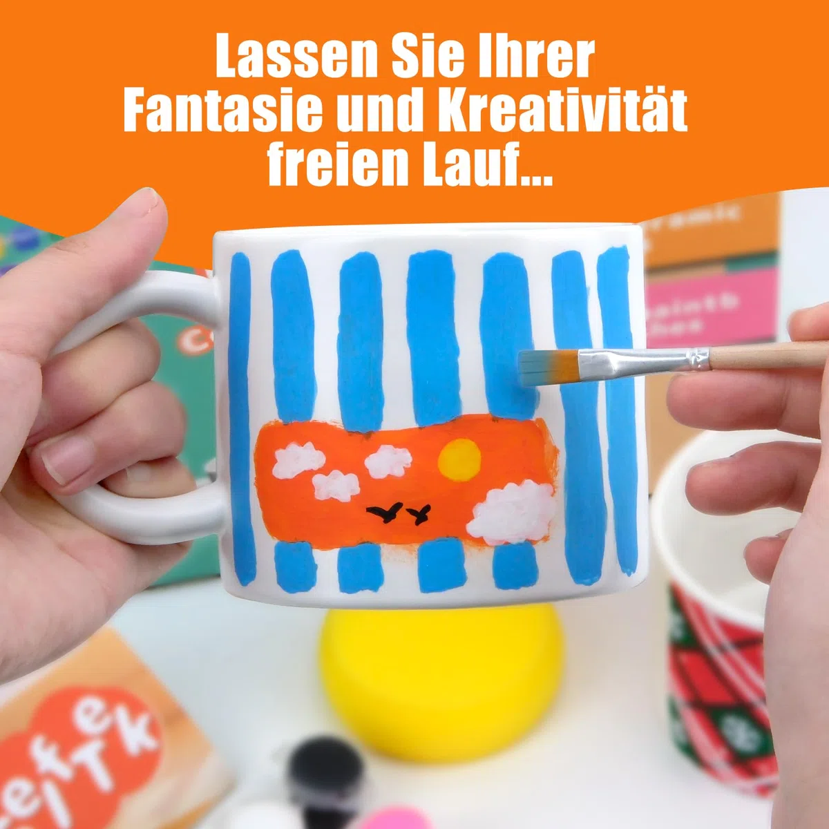 SelfTek DIY Keramik Bemalen Set - Tassen zum Bemalen Kreativ Set für Erwachsene mit 2 Tassen, 12 Farben, 4 Pinsel, 2 Palette, Malinspirationen, Geschenk für Freund Familie Lieber