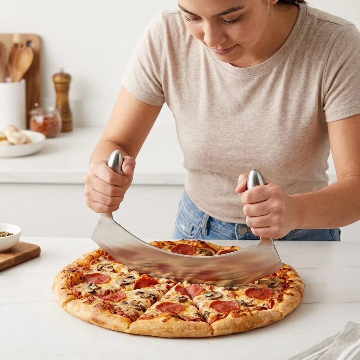 Edelstahl Wiegemesser, 22cm Wiegemesser Kräuter, Pizzaschneider Effizientes Hacken von Kräutern, Brot, Salat, Nüssen - Ergonomischer Griff, Spülmaschinenfest, Rostfrei, Nahtlos