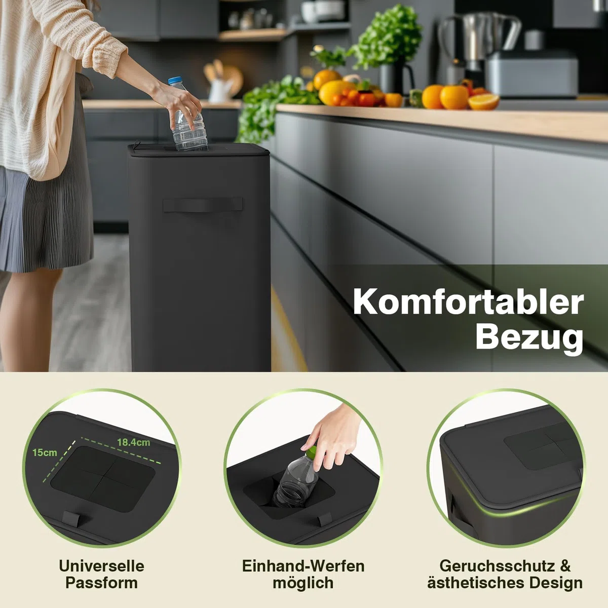 Bathola Pfandflaschen Sammelbehälter mit Deckel 100L, Groß Pfandflaschen Behälter mit 2 Tragetasche, Flaschensammler Leergut für Plastik- und Glasflaschen, Pfandbehälter mit Einwurf, Schwarz