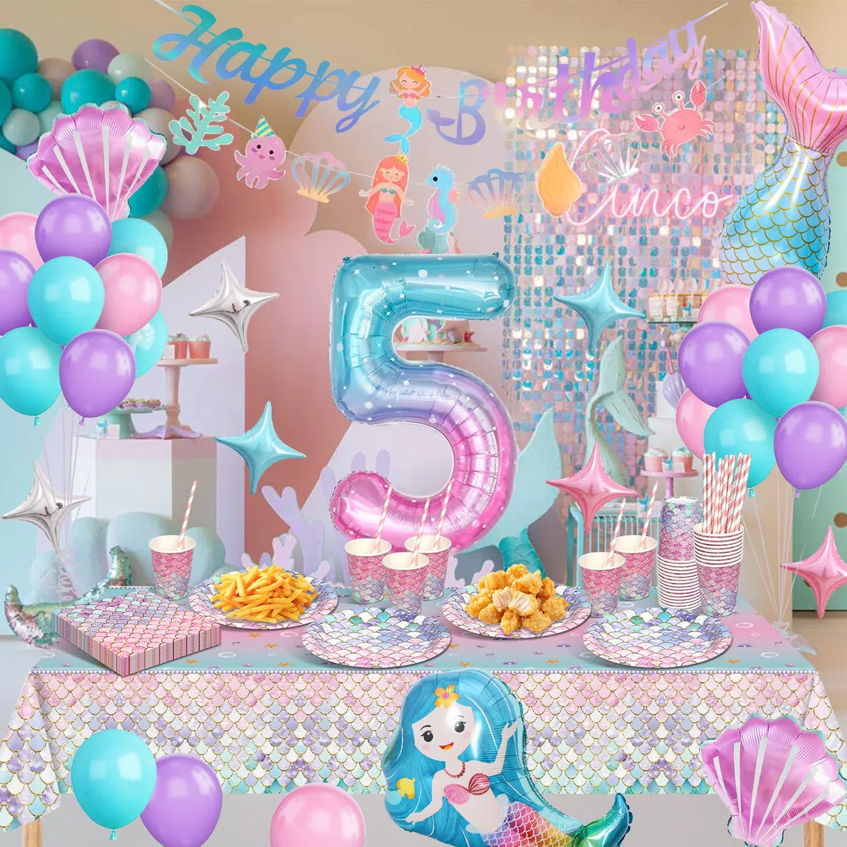 Meerjungfrau Partygeschirr Set, Meerjungfrau Geburtstag Deko 5 Jahre, Geburtstag Party Geschirr, Pappteller Kindergeburtstag Deko mit Luftballons für Geburtstagsdeko Mädchen 5 Jahre 16 Gäste