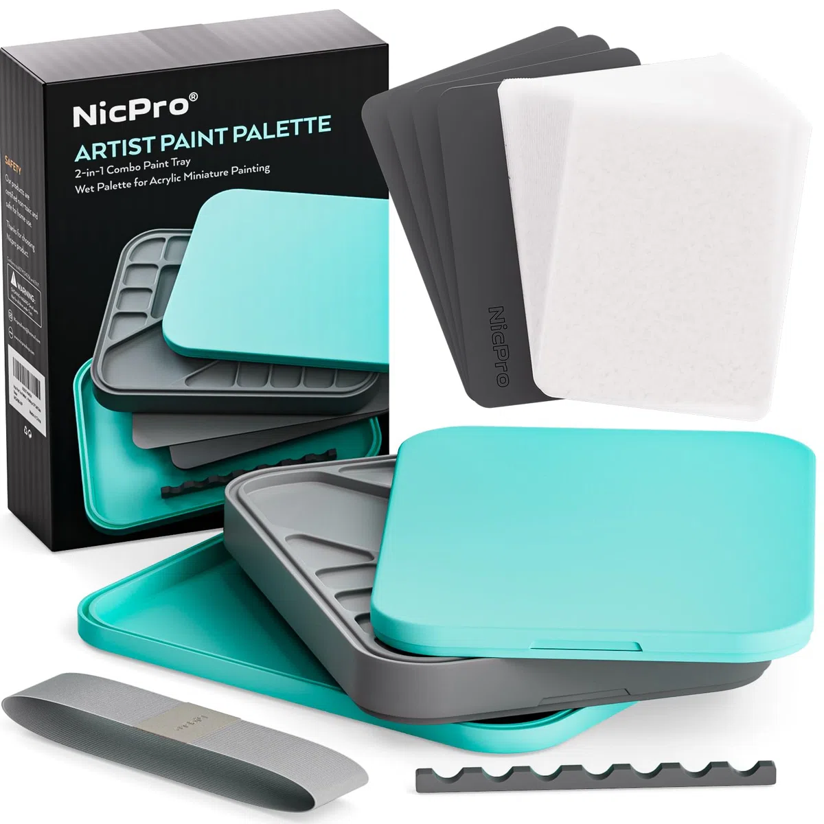 Nicpro Wet Palette für Mischpalette Acrylfarben, Farbtablett Nasspalette mit 100 Stück Palettenpapier, 4 Stück Schwämmen, Pinselhalter Farbmisch Aufbewahrung für Modellfarbe, DIY