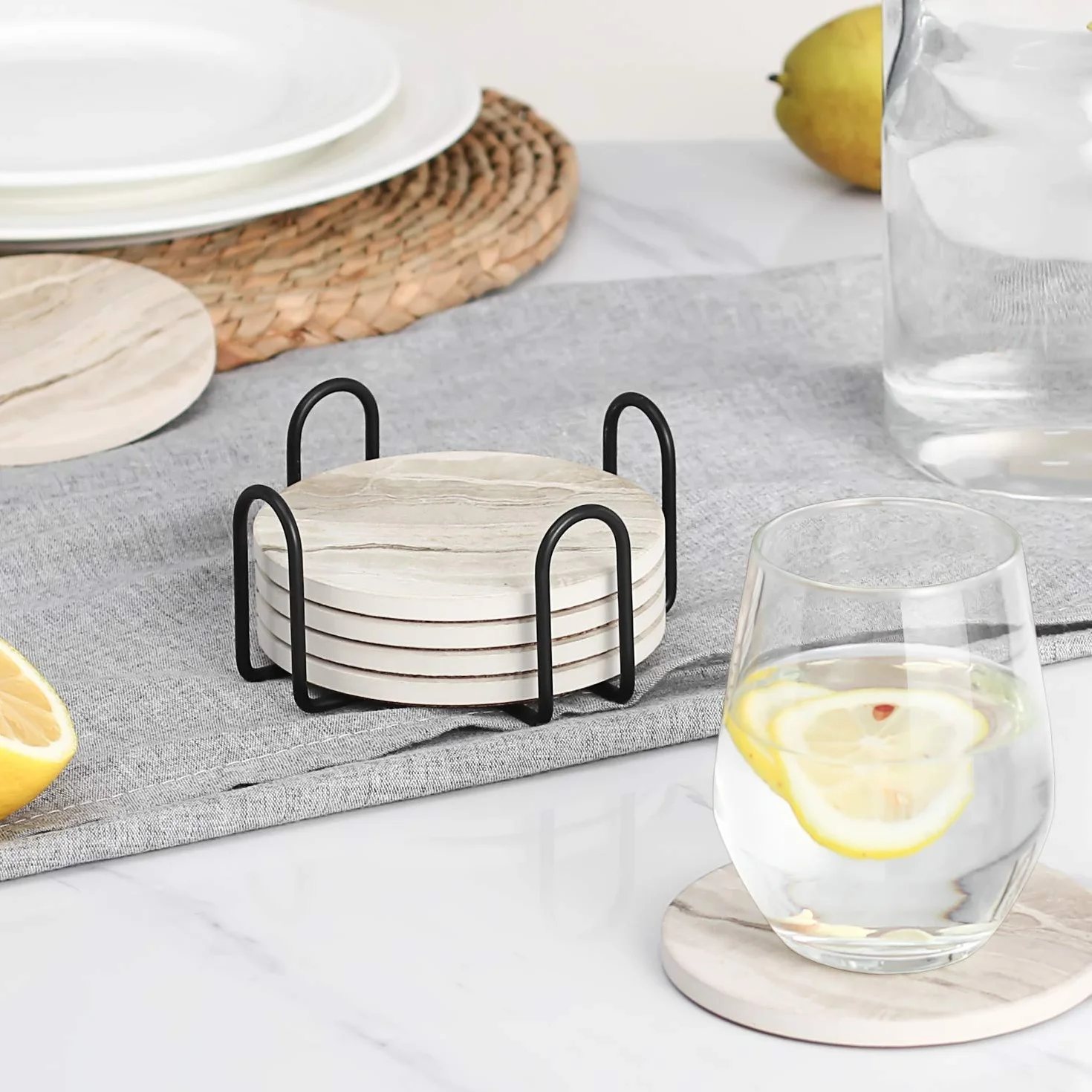 LIFVER Marmor Glas Untersetzer-Set 6er, Absorbierend Mit Korkboden Und Halter, Für Getränke in Bars, Cafés, Haus, Party, Büro, Geschenke Für Mama Papa