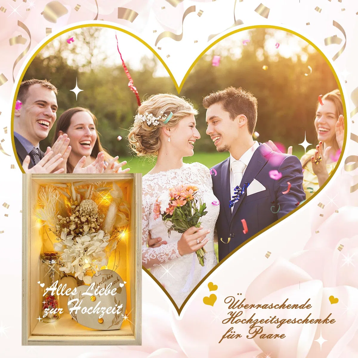 HILKKET Hölzerne Hochzeit Geschenk für Brautpaar, Geldgeschenk Hochzeit mit Ewige Blumen, Holzbox, Kunststoff Reagenzglas, Lichterketten, Wunschflasche, Garn, Hochzeitsgeschenke