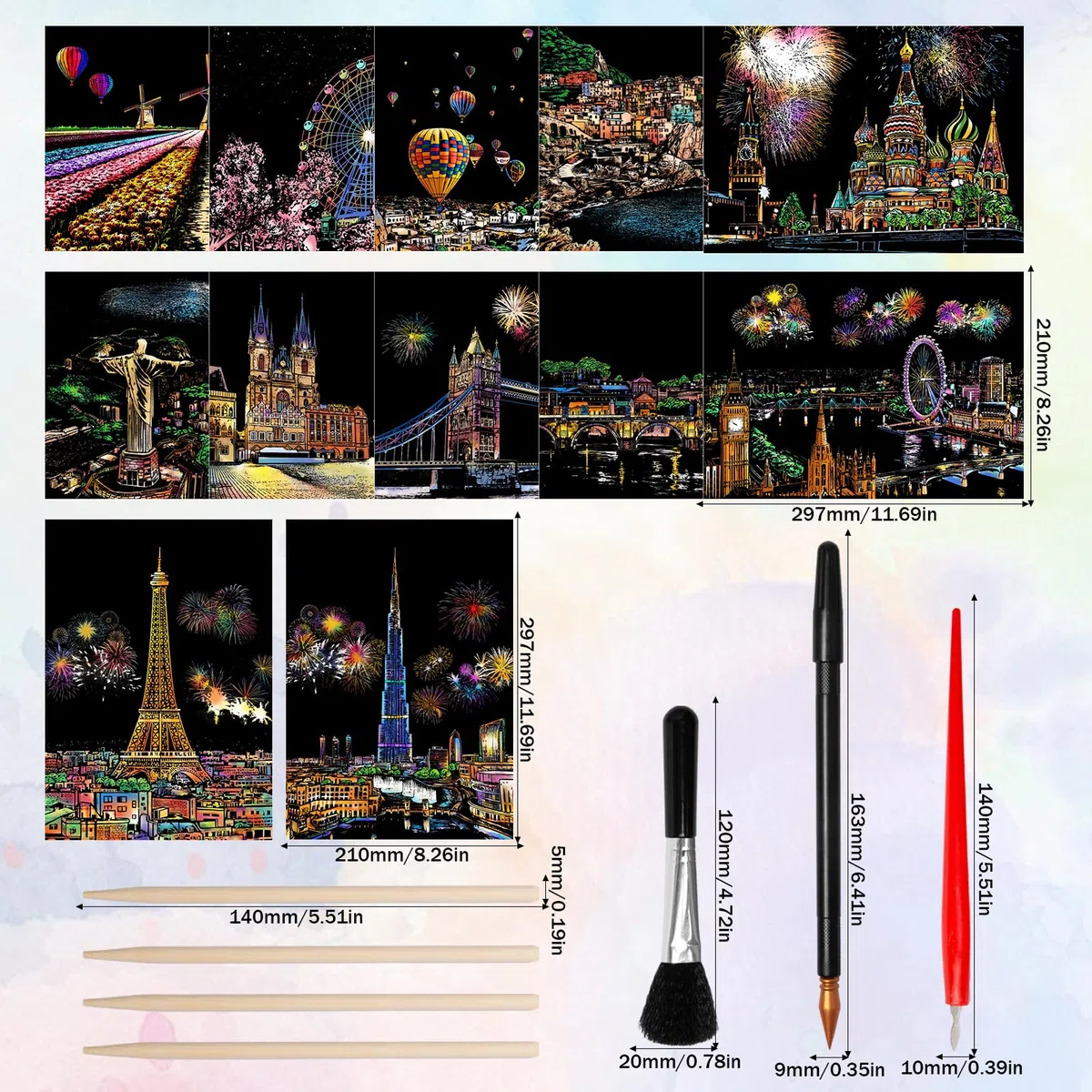12Stück Magic Rainbow Kratzpapier A4 Kratzbilder Erwachsene Sehenswürdigkeiten Wandbild mit Kratzwerkzeuge Kit City Series Night Scene Regenbogen-Kratzkunst für Erwachsene Kinder DIY-Handwerk