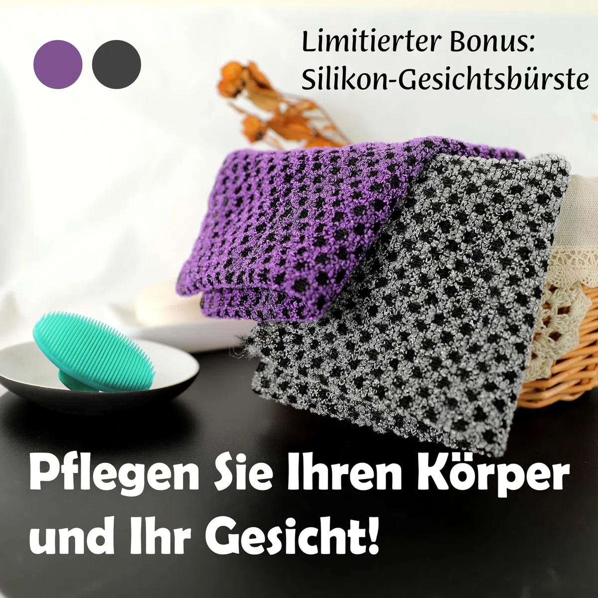 myHomeBody Extra langer Peeling-Waschlappen | Japanischer Waschlappen | 3D-Textur Obsidian and Raisin Dots, 2er-Set mit Bonus-Gesichtsbürste