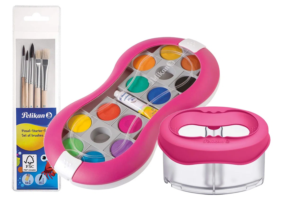 Pelikan Deckfarbkasten 735 SP/12 mit 12 Farben und 1 Tube Deckweiß/Starter (Magenta mit Space-Wasserbecher + Pinsel-Set) (Set)