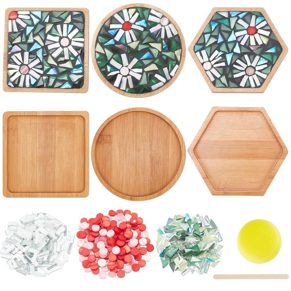 WEBEEDY 3 Stile DIY Mosaik Bastelset Blumenmosaik Bambus Untersetzer Kits Für Erwachsene Anfänger, Grüne Glasmosaikfliesenstücke Mit Leerem Bodentablett Für Handgefertigte Kunst-Wohndekoration